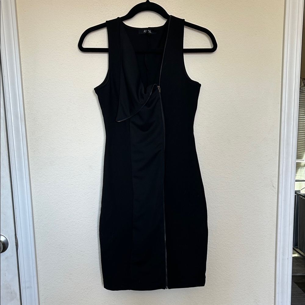 ANGL Elegant Black Zip Bodycon Sleeveless Dress